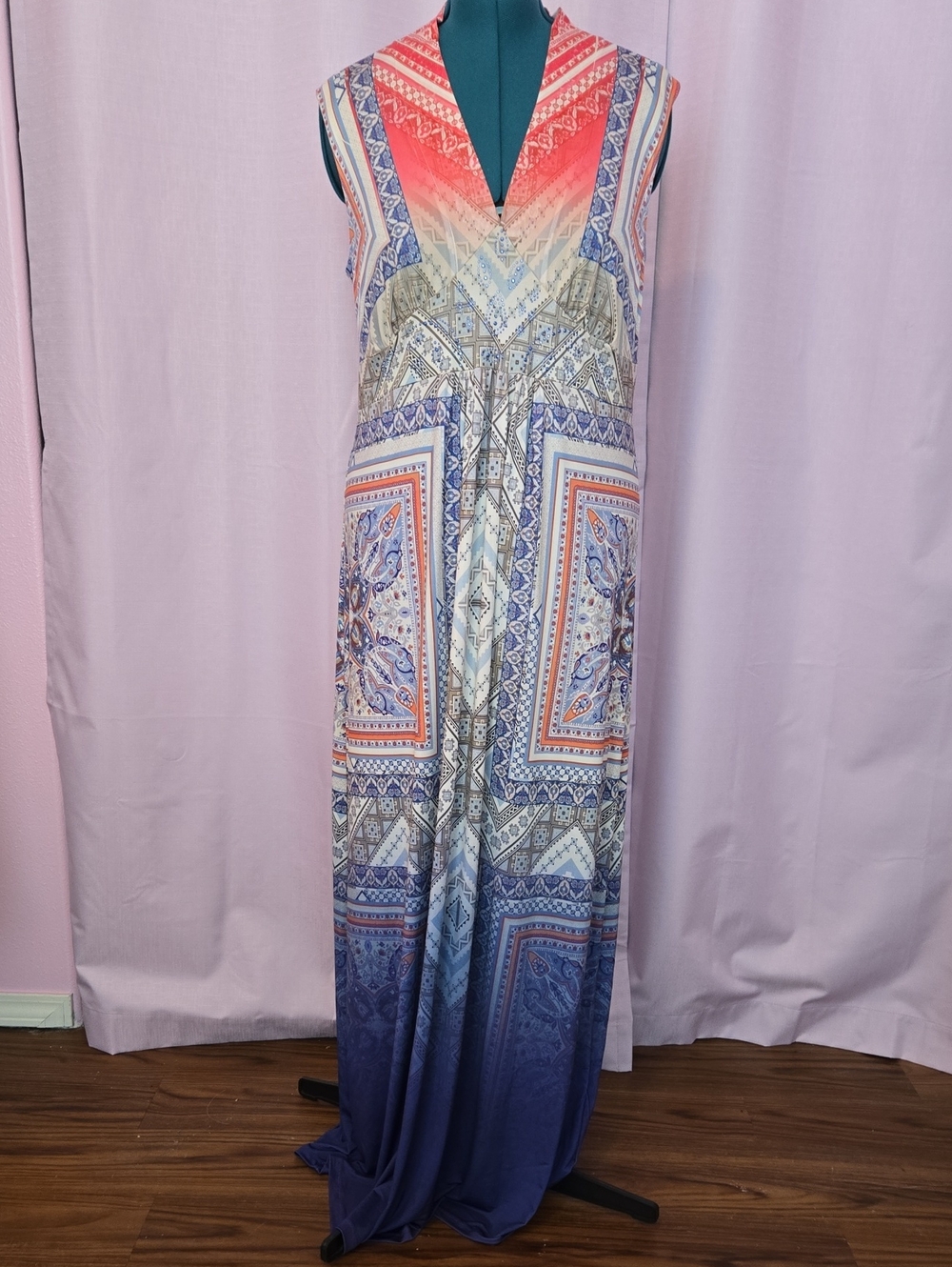 ONE WORLD Sleeveless Boho Maxi Dress in Coral, Cream and Blue